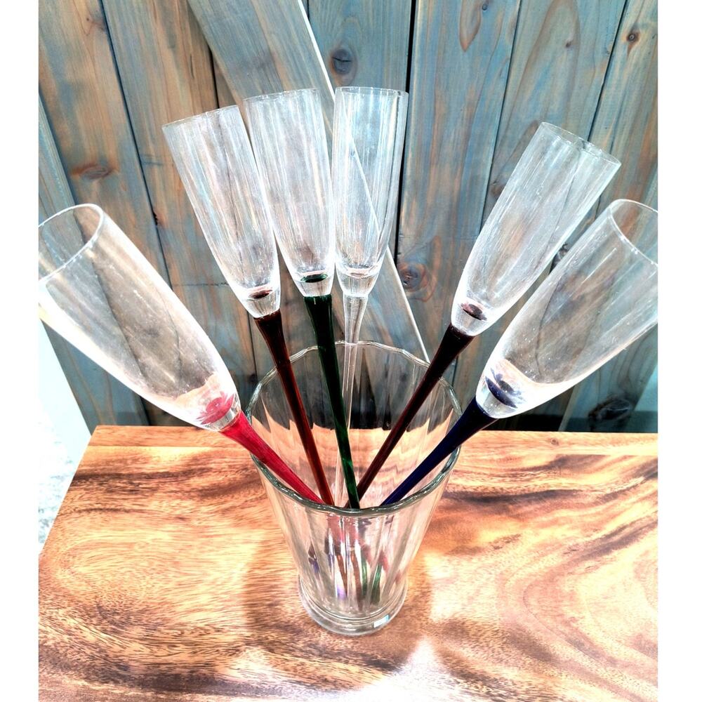 789. Set of 6 Champagne Toasting Flutes Long Stem Hand Blown Glass